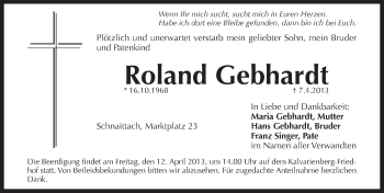 Traueranzeige von Roland Gebhardt von Pegnitz-Zeitung